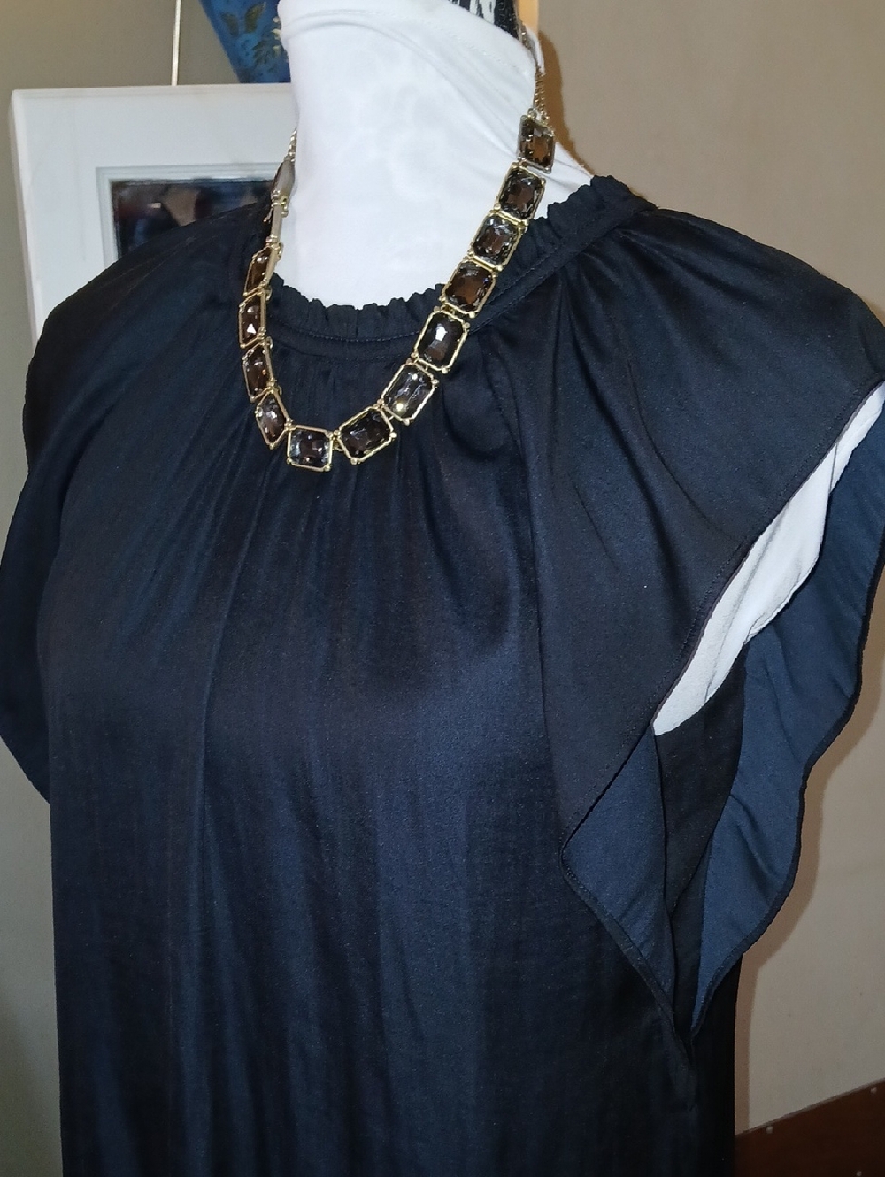 Silky Soft LOFT Black Cap-Sleeve Gathered-Neck Tunic